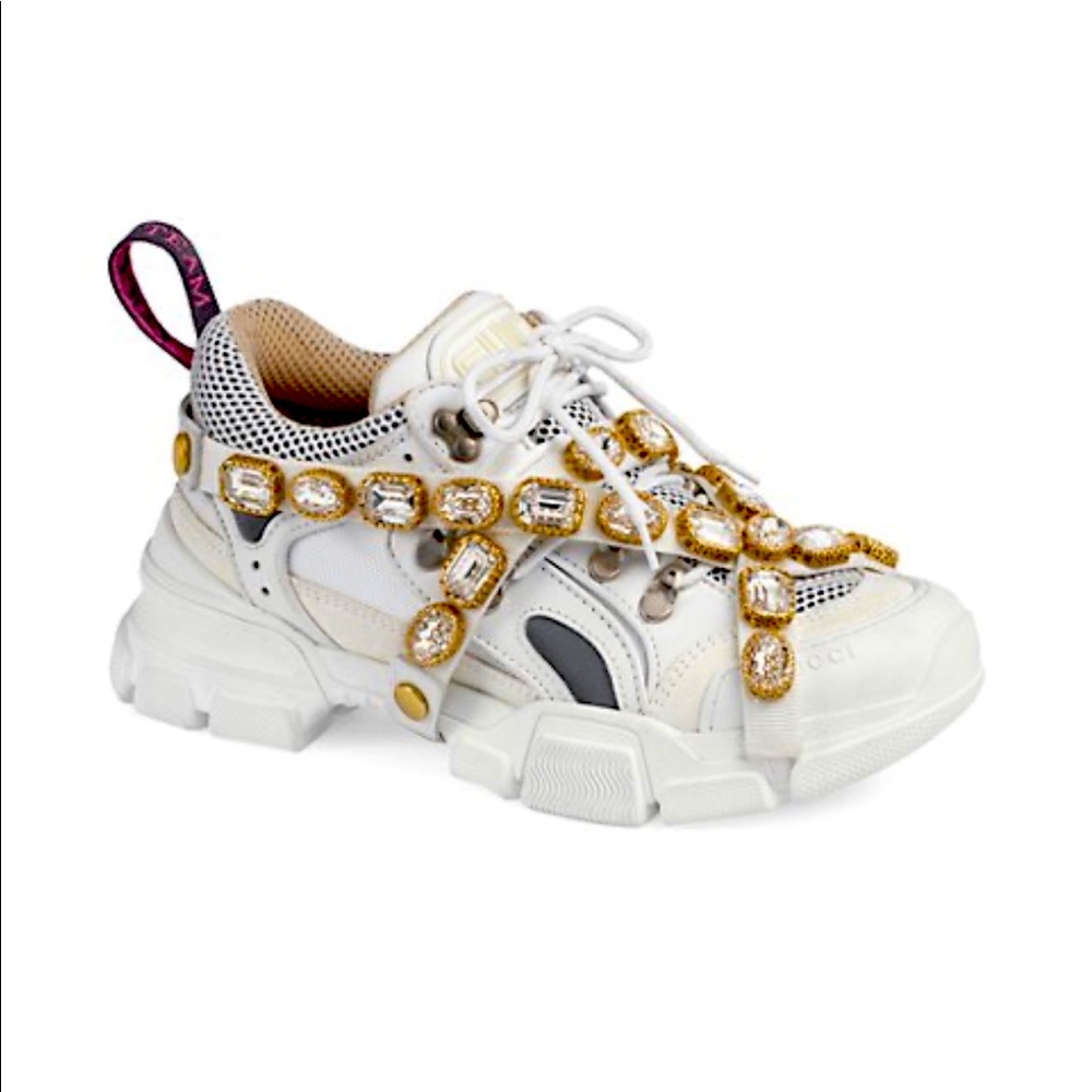Gucci Womens Journey Flashtrek Crystal White Gold Hiker Low Boot Sneaker Sz 38